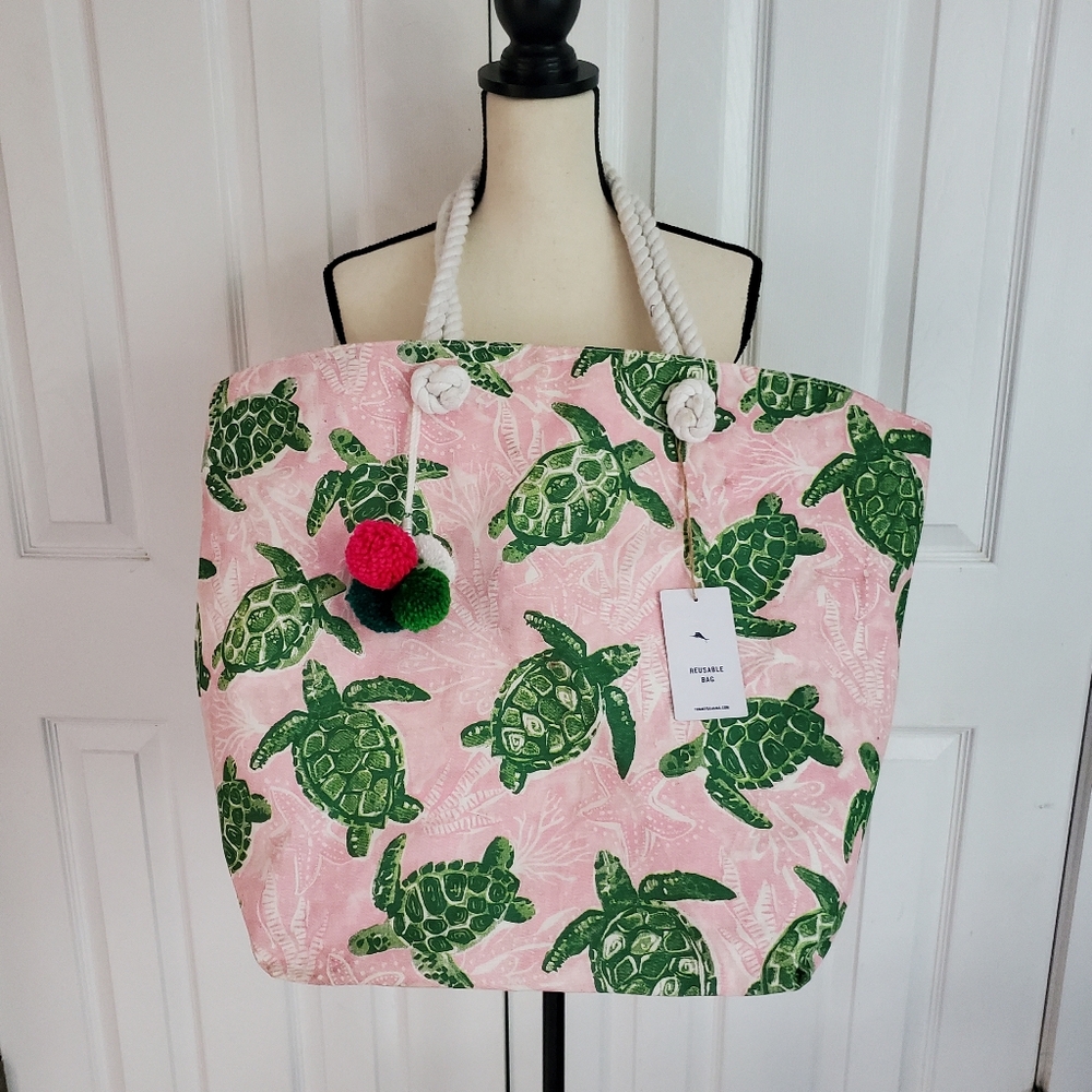 Pink Turtle Print Beach Tote with Rope Handles